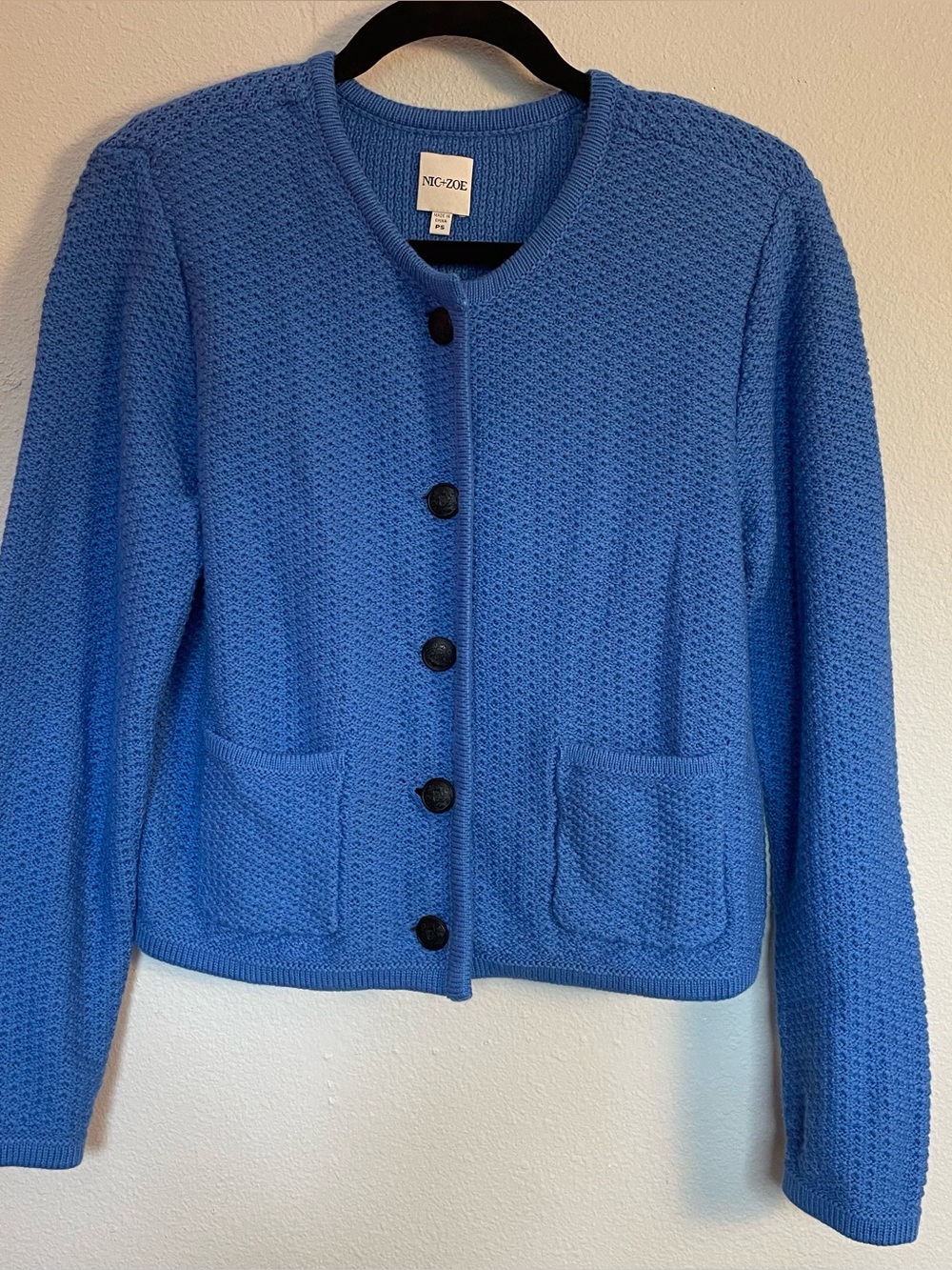 NIC+Zoe Petite Small Blue Textured Knit Button Front Cardigan PS